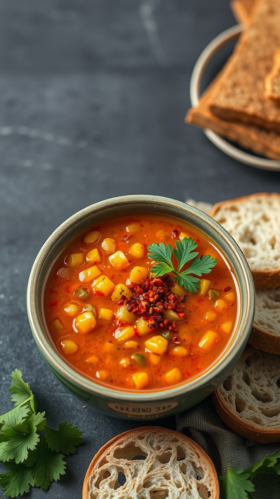 A bowl of spicy lentil soup garnished with herbs and spices, served with slices of bread.