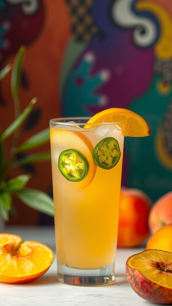 Refreshing Spicy Peach Lemonade with jalapeño slices and peach garnishes