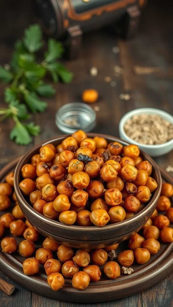 Spicy roasted chickpeas in a wooden bowl with seasonings.