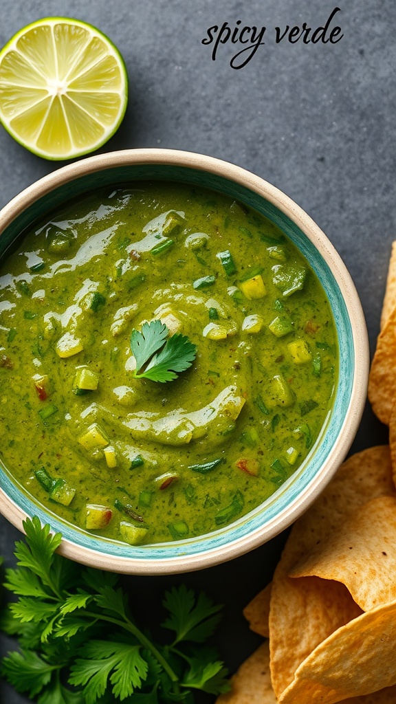 A bowl of spicy salsa verde with tortilla chips and lime slices on the side.
