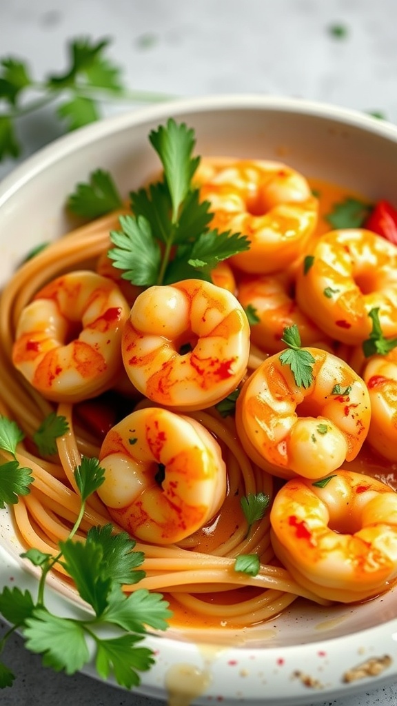 Spicy shrimp scampi with red pepper flakes served on pasta