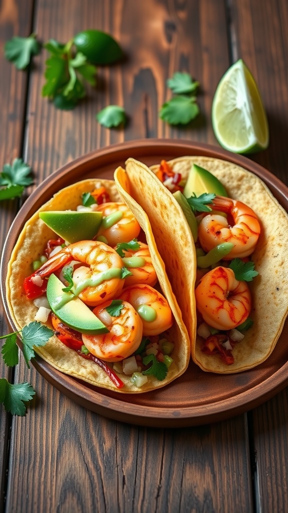 Spicy shrimp tacos with avocado and cilantro on a wooden table