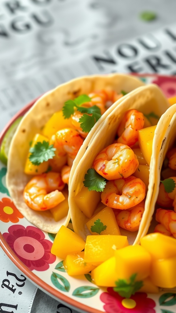 Spicy shrimp tacos with mango salsa on a colorful plate.