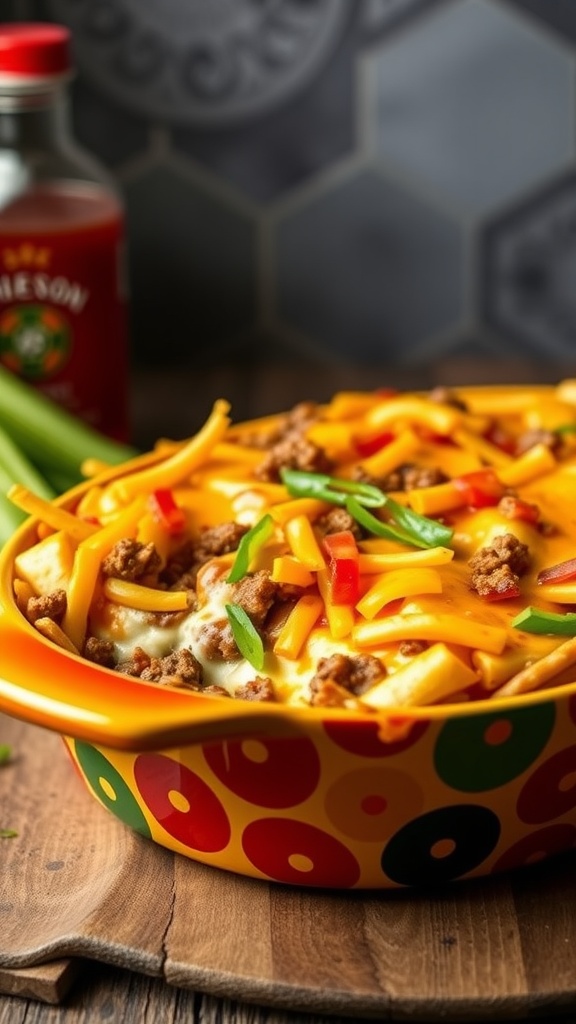 Delicious spicy taco casserole with layers of cheese, beef, and toppings