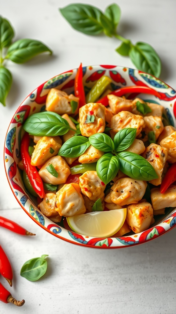 A bowl of Spicy Thai Basil Stir-Fry with chicken, colorful vegetables, and fresh basil.
