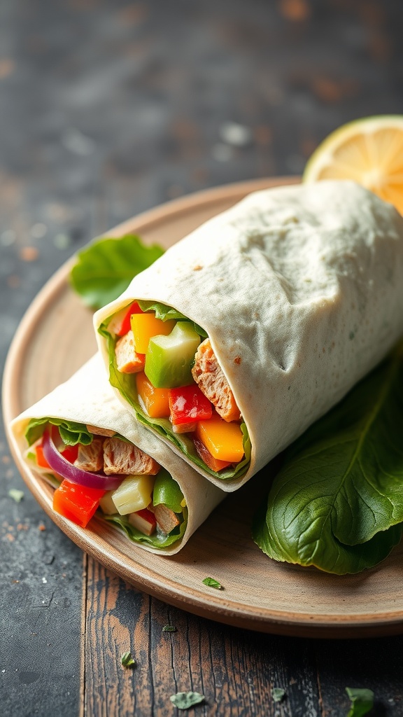 A delicious spicy tuna salad wrap on a wooden plate with fresh vegetables.