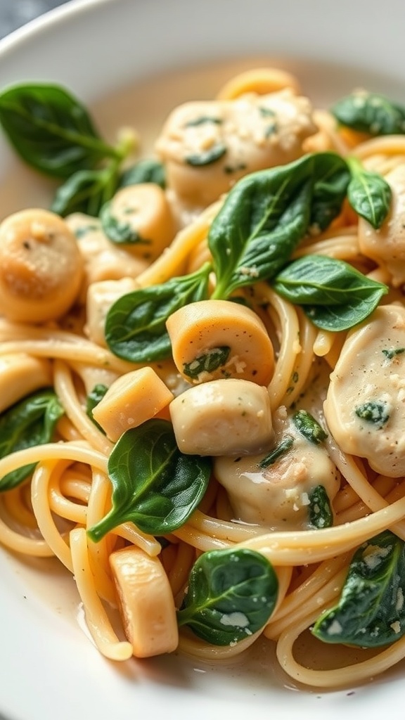 A delicious plate of Spinach and Artichoke Chicken Pasta with fresh ingredients.