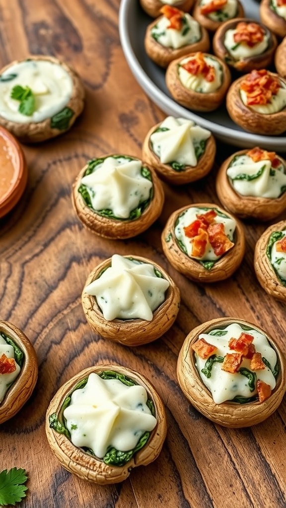 Spinach and cream cheese stuffed mushrooms on a wooden table