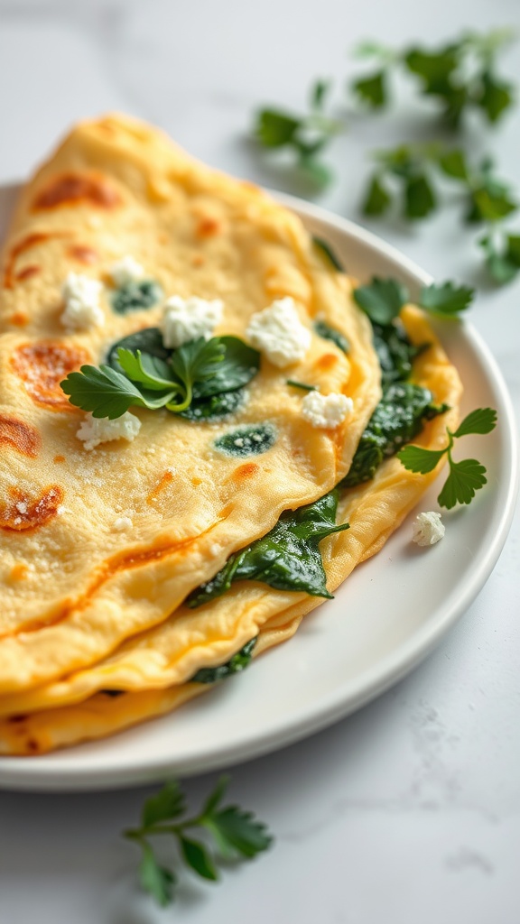 A delicious spinach and feta omelette on a plate, garnished with herbs.
