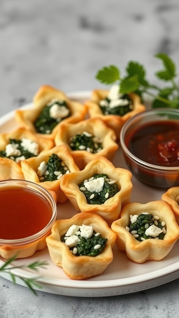 A plate of spinach and feta puff pastry bites with sauces on the side.
