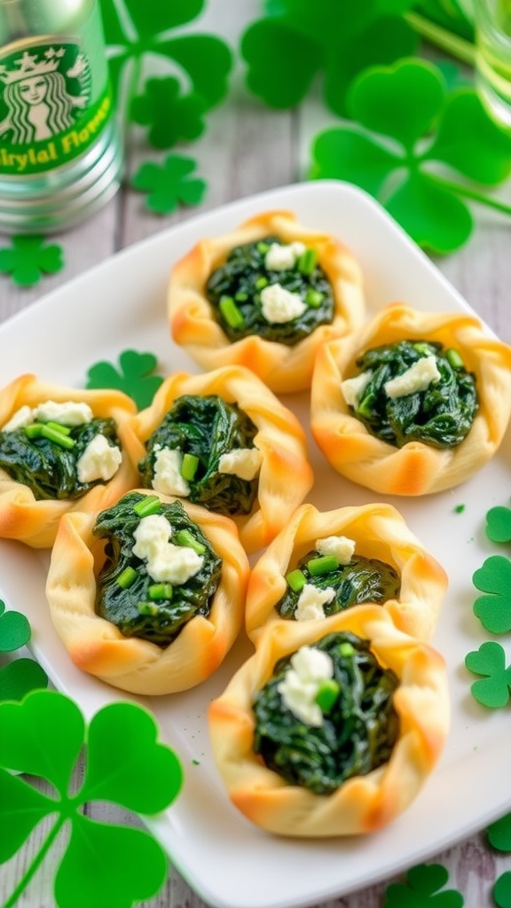 Delicious spinach and feta puff pastry bites on a plate, garnished with chives.