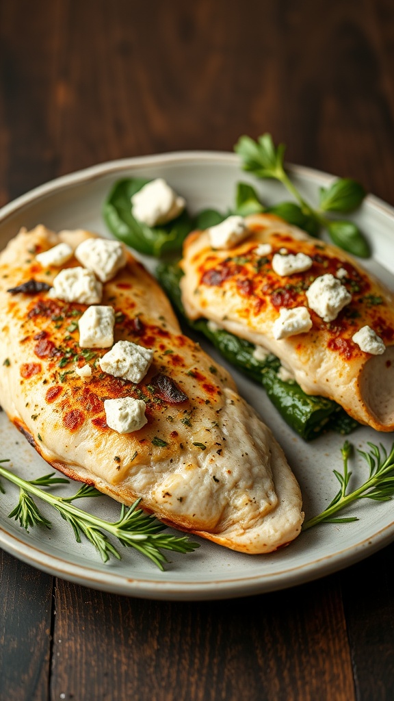 Spinach and feta stuffed chicken on a plate with fresh herbs