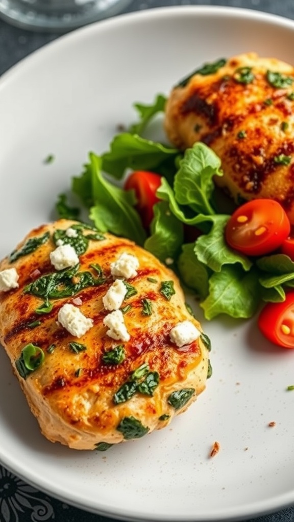 Juicy spinach and feta stuffed chicken breasts served with a fresh salad.