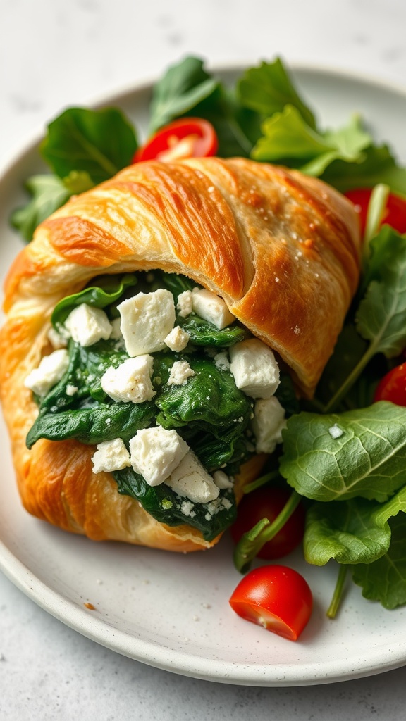 Delicious spinach and feta stuffed croissant served with fresh greens.