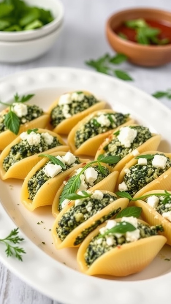 Plate of spinach and feta stuffed pasta shells garnished with basil.
