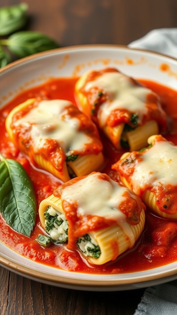 A plate of Spinach and Ricotta Stuffed Shells topped with marinara sauce and melted cheese.