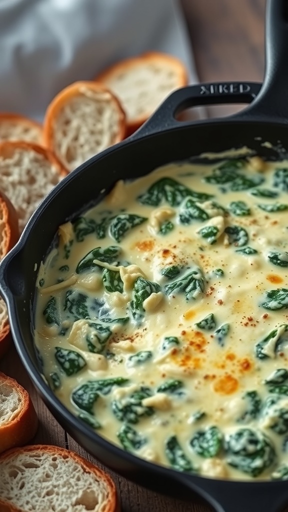 A delicious Spinach Artichoke Dip in a cast iron skillet surrounded by toasted bread slices.