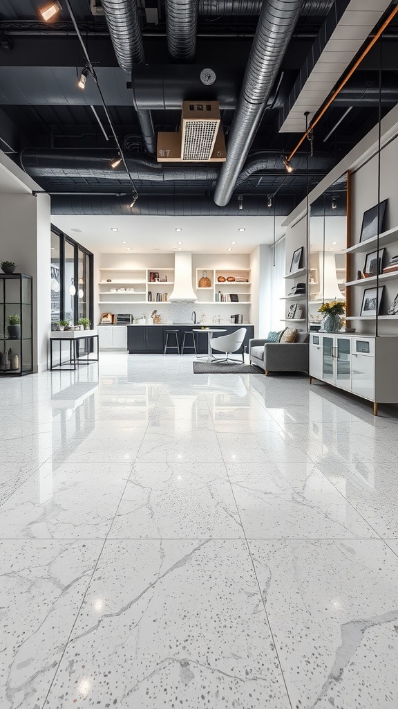 Stylish white and grey epoxy floor with a hint of sparkle in a modern living space.