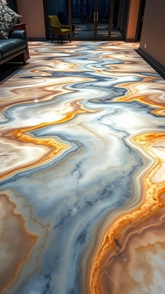 An indoor space with a sport-themed epoxy floor featuring a colorful design.