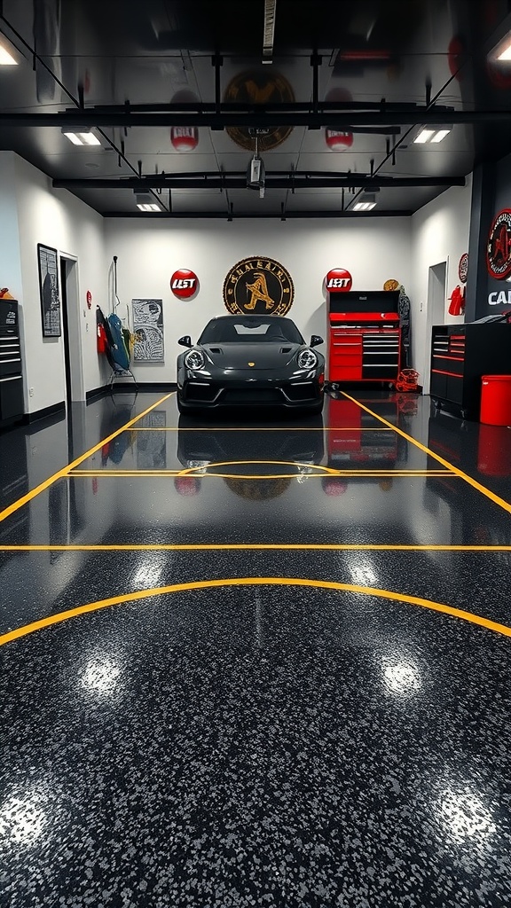 A modern garage with sport court-inspired high-gloss black epoxy flooring and bright yellow lines.
