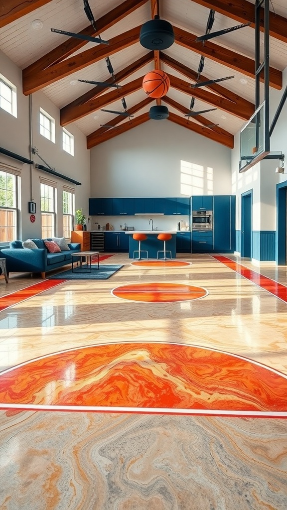 Sport court inspired epoxy flooring in a modern kitchen and living area.