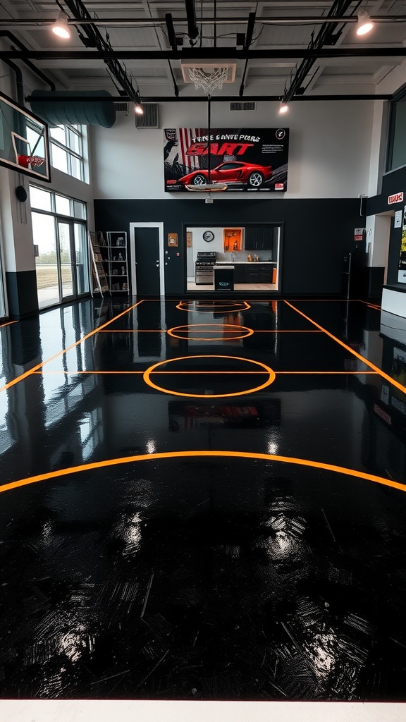 A sleek black epoxy floor with orange basketball court markings in a spacious room.