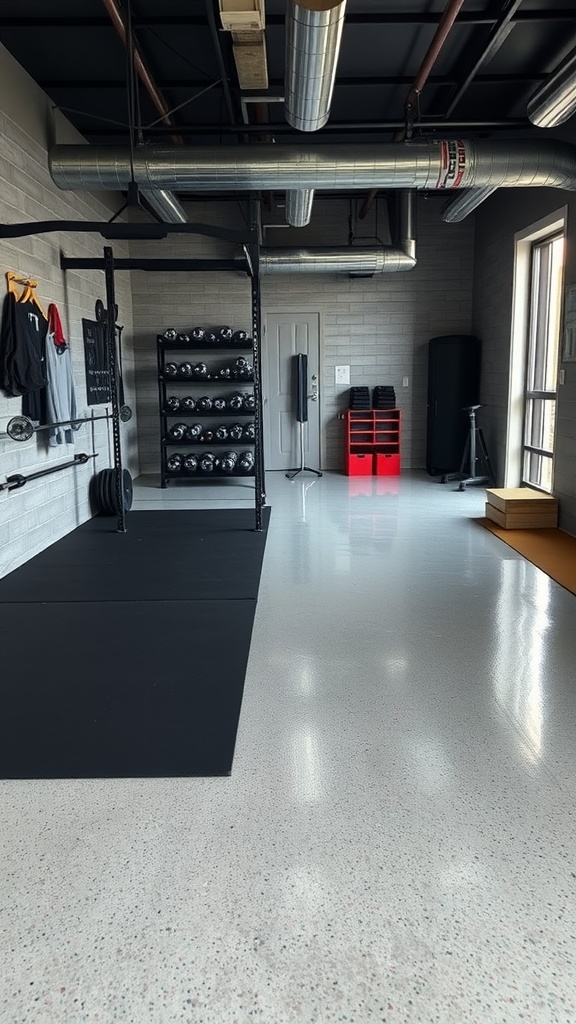 A vibrant sports-themed epoxy concrete floor design with swirling colors and patterns.