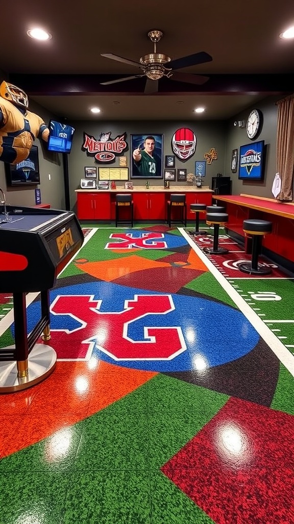 A modern sports-themed basement with a metallic epoxy floor featuring the New England Patriots logo.