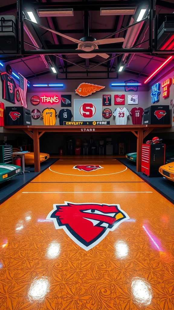 An epoxy floor with a sports theme featuring vibrant red and black colors, showcasing sleek cars in a modern garage.