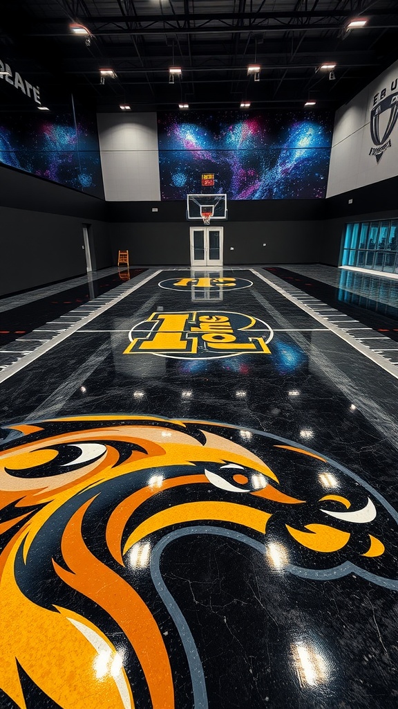 A vibrant sports-themed epoxy floor with dynamic colors and graphics in a gym setting.
