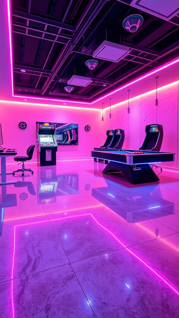Game room with sports-themed epoxy floors featuring basketball and baseball designs.