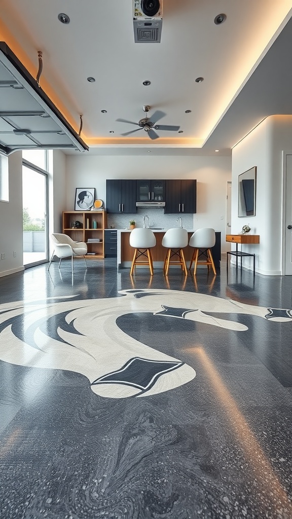 A modern sports-themed garage with artistic epoxy flooring featuring a dynamic pattern in black and white.