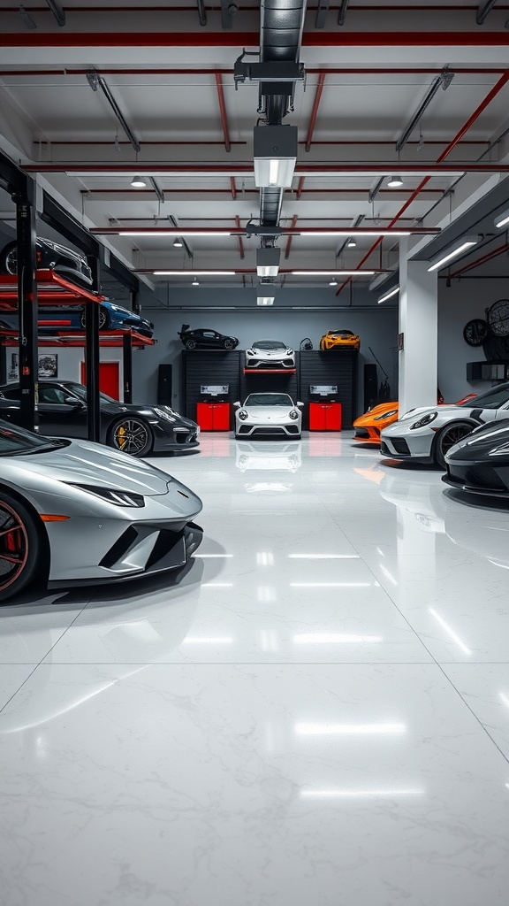 A modern sports car showroom featuring luxury cars on a glossy metallic epoxy floor.