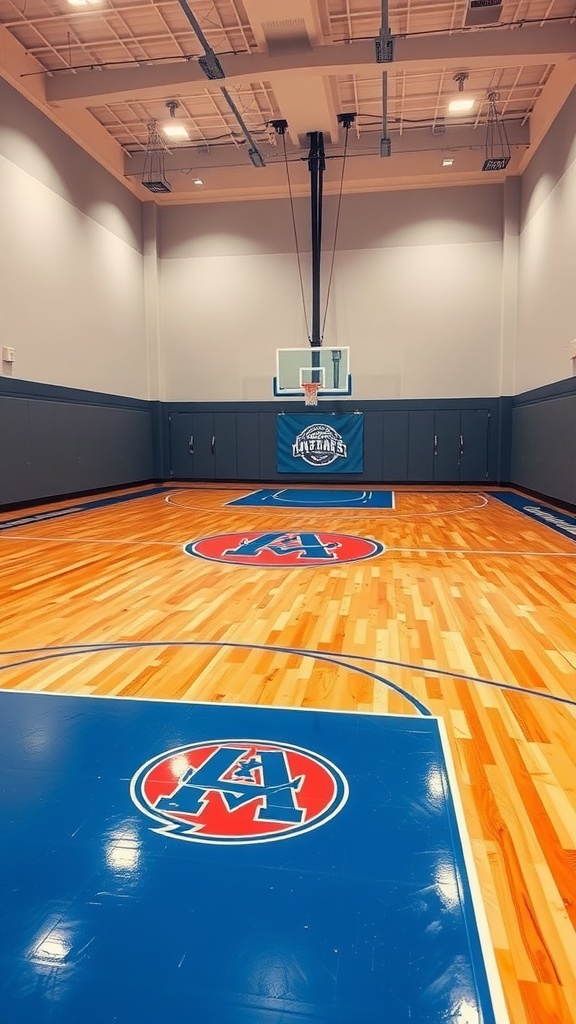 A modern sports court with epoxy flooring featuring a basketball hoop and team logos.