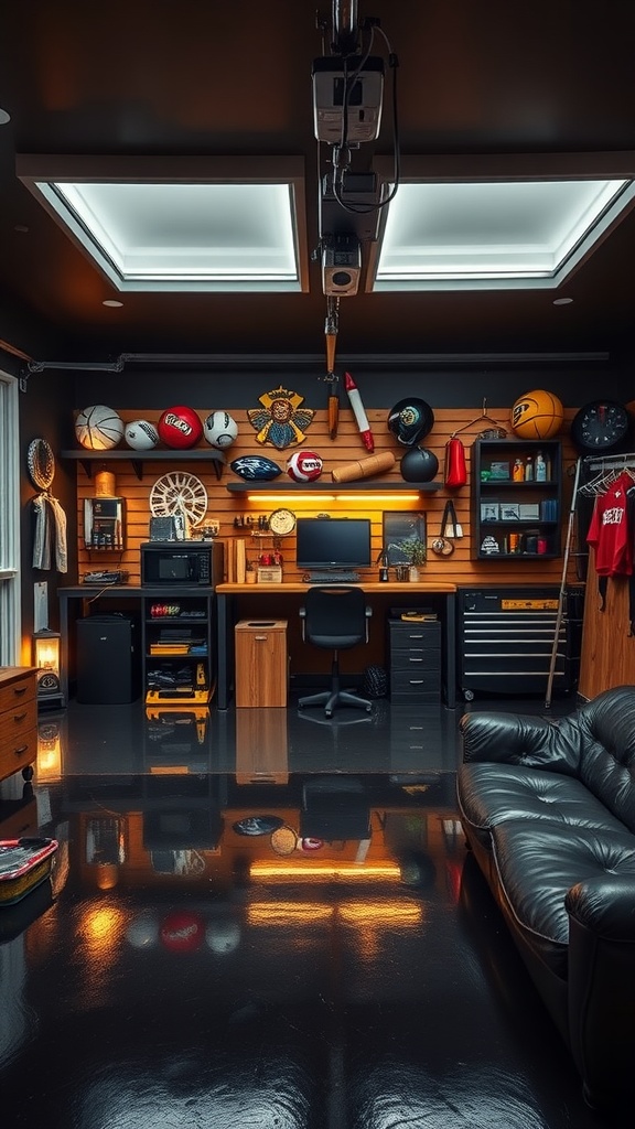 Stylish garage with sports memorabilia display and dark epoxy floor