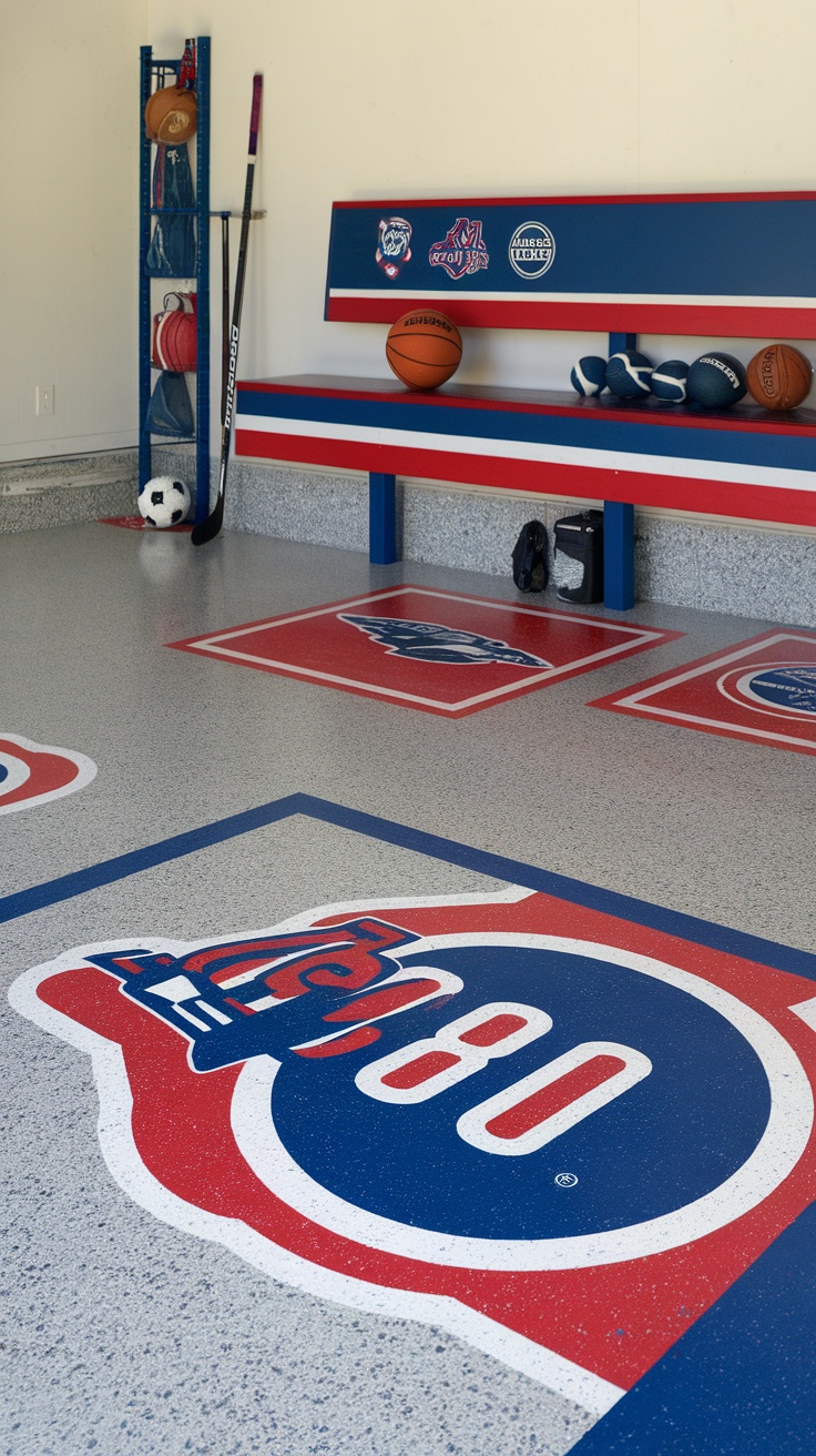 Sporty garage flooring with team logos and colorful epoxy flake design
