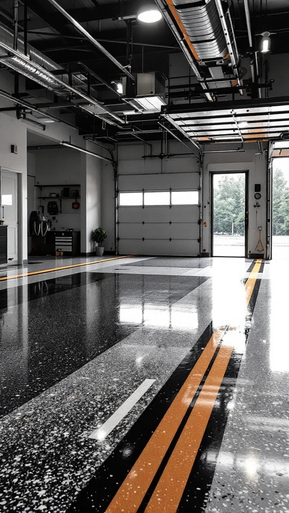 Epoxy garage floor design featuring sporty lines in black and orange colors.