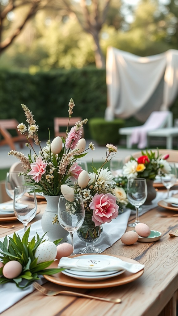 A beautifully arranged outdoor dining table with spring-themed decorations including flowers and Easter eggs.
