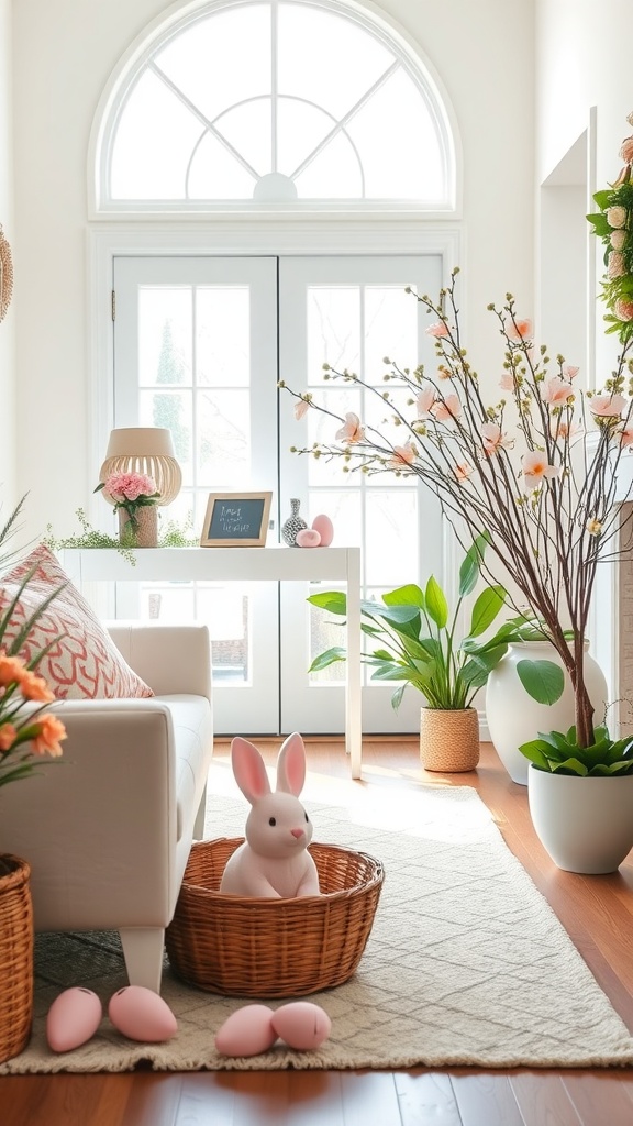 A cozy spring-themed living room with decorations for Easter