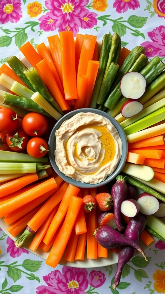A colorful platter of spring vegetables arranged around a bowl of hummus.