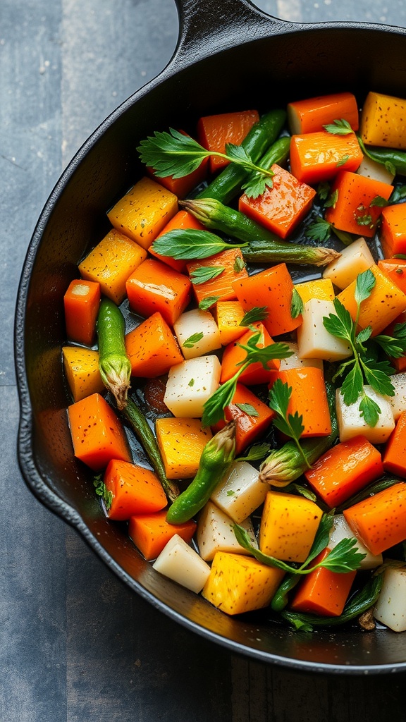 A colorful spring vegetable medley with butternut squash, carrots, green beans, and parsnips, garnished with parsley.