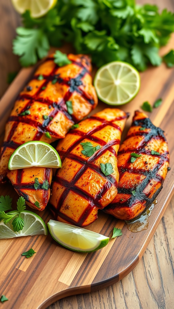 Grilled chicken breasts with sriracha and lime seasoning, garnished with cilantro and lime wedges.