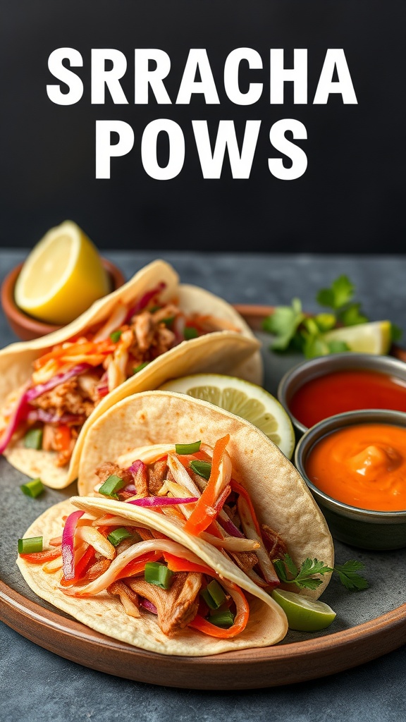 Delicious Sriracha Pork Tacos with fresh slaw on a platter
