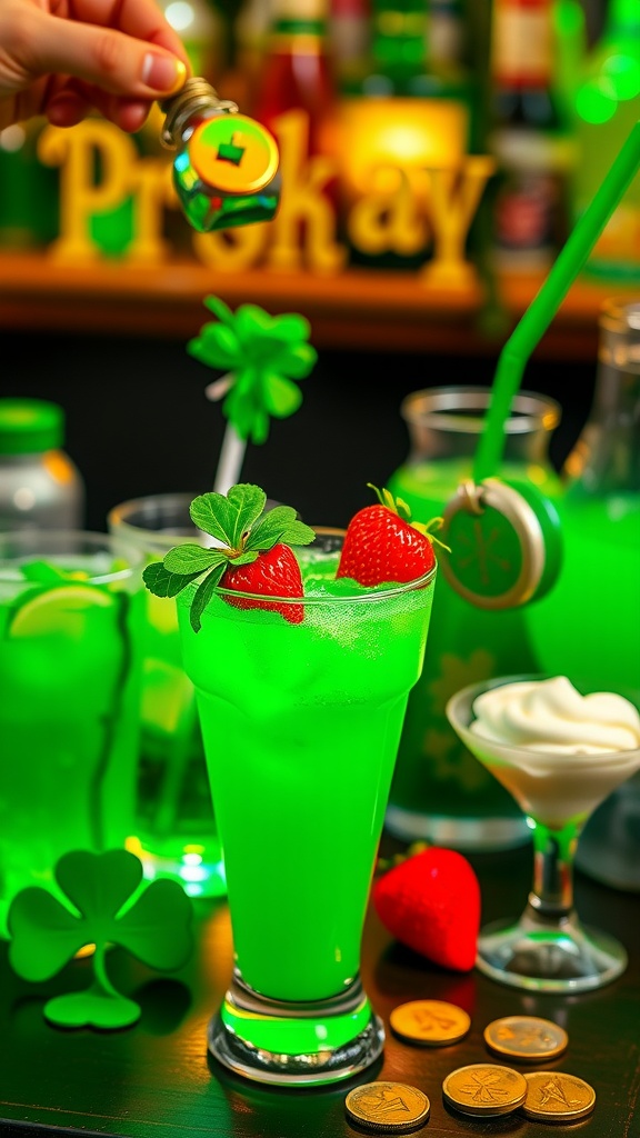 A vibrant green St. Paddy's Day Strawberry Daiquiri garnished with strawberries and mint, perfect for celebrating.