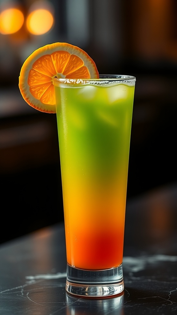 A vibrant St. Paddy's Sunrise Mocktail in a tall glass, with layers of orange and green, garnished with an orange slice.