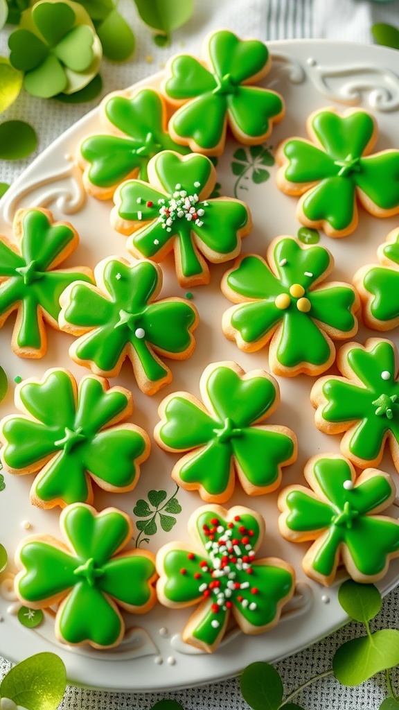 St. Patrick's Day sugar cookies shaped like shamrocks, decorated with green icing and colorful sprinkles