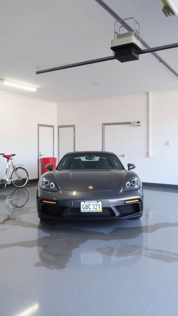 A stylish garage featuring a sleek epoxy floor with a motorcycle and a luxury car.