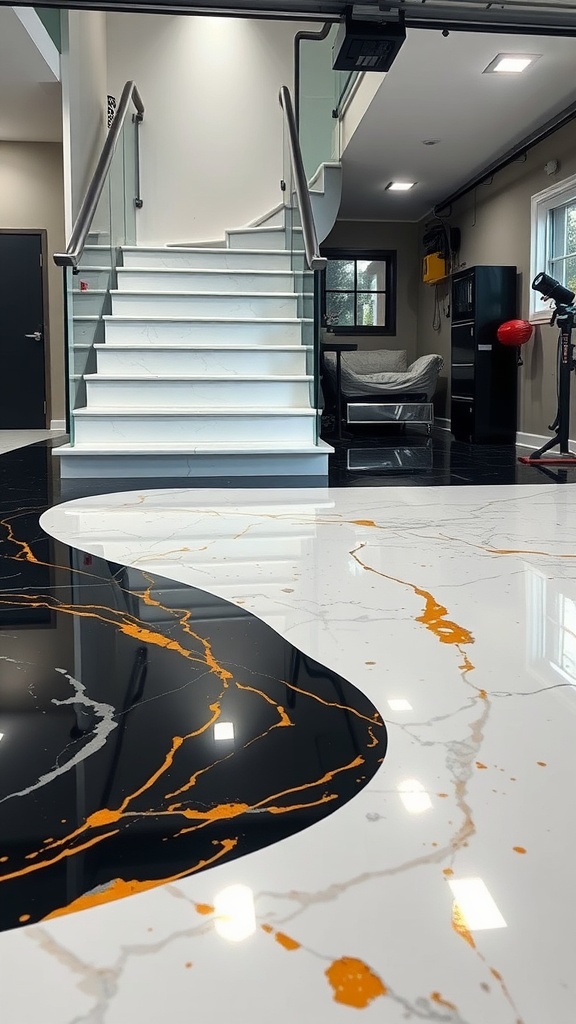 A modern interior with a white staircase and black marble epoxy flooring featuring orange accents.