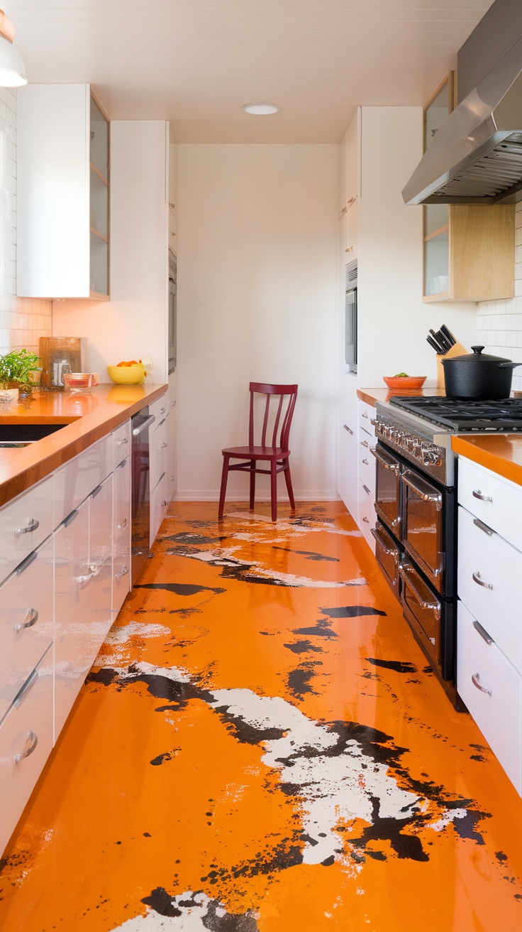 A modern kitchen with a bright orange epoxy floor featuring a lively blend of colors.