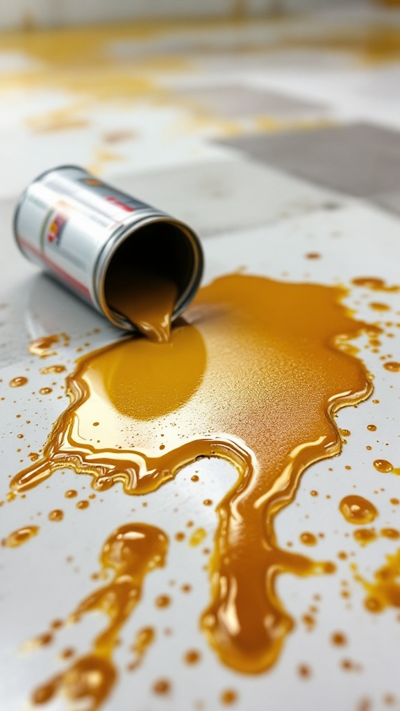 A spilled can of yellow paint on a white epoxy floor